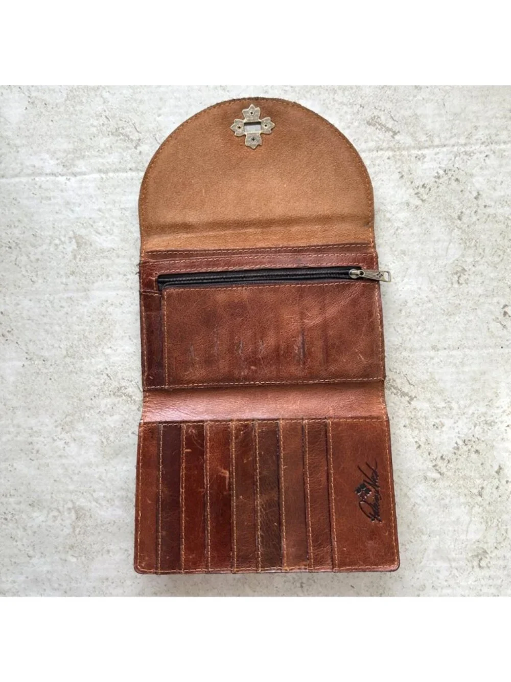 Vintage Patricia Nash Women's Brown Leather Wallet With Floral Metal Clasp